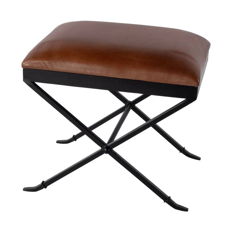 Livingston 20 in. W Leather and Iron Upholstered Accent Stool - Brown Leather