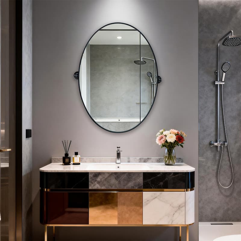Metal Framed Pivoting Bathroom Vanity Mirror Adjustable Tilting Oval Wall Mirror Horizontal or Vertical - 19.68” x 27.56”