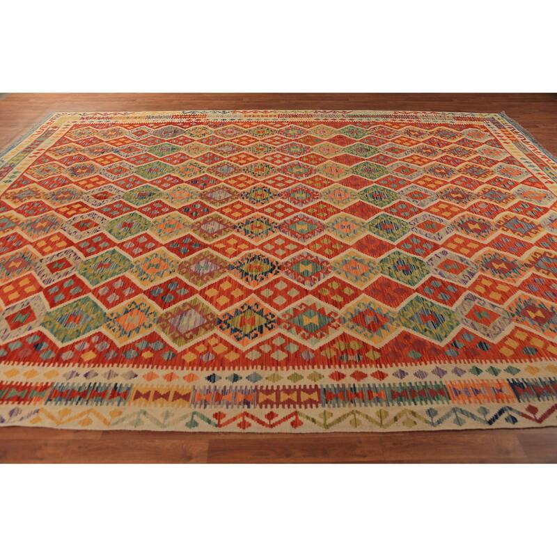 Tribal / Geometric Kilim Oriental Area Rug Hand-Woven Wool Carpet - 10'5"x 13'2"