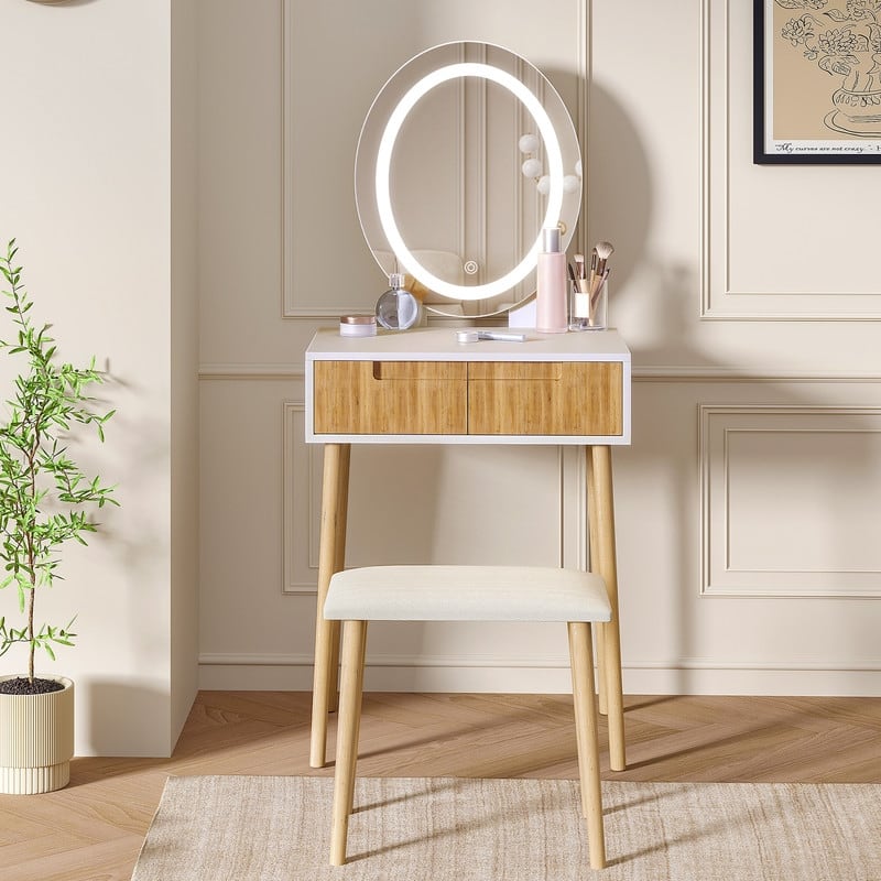 Small Vanity Desk with Mirror and Lights, Wooden Handles with Cushioned Stool