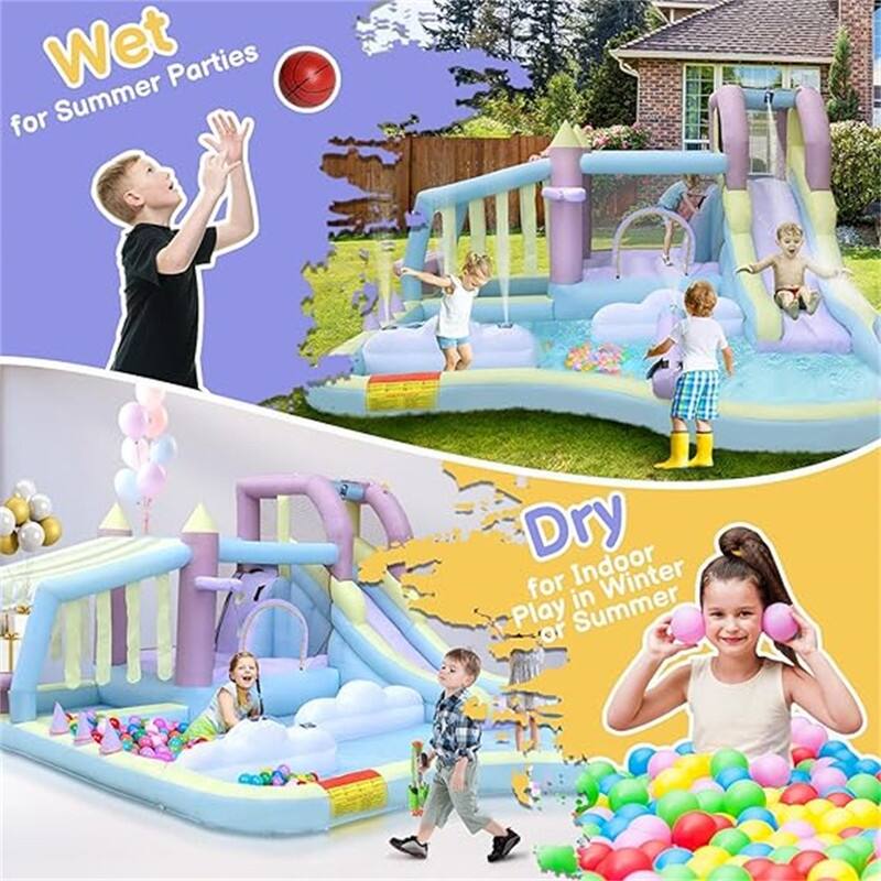 Inflatable Bounce House With Water Slide, W/Cloud Spray Water And 750W Air Blower