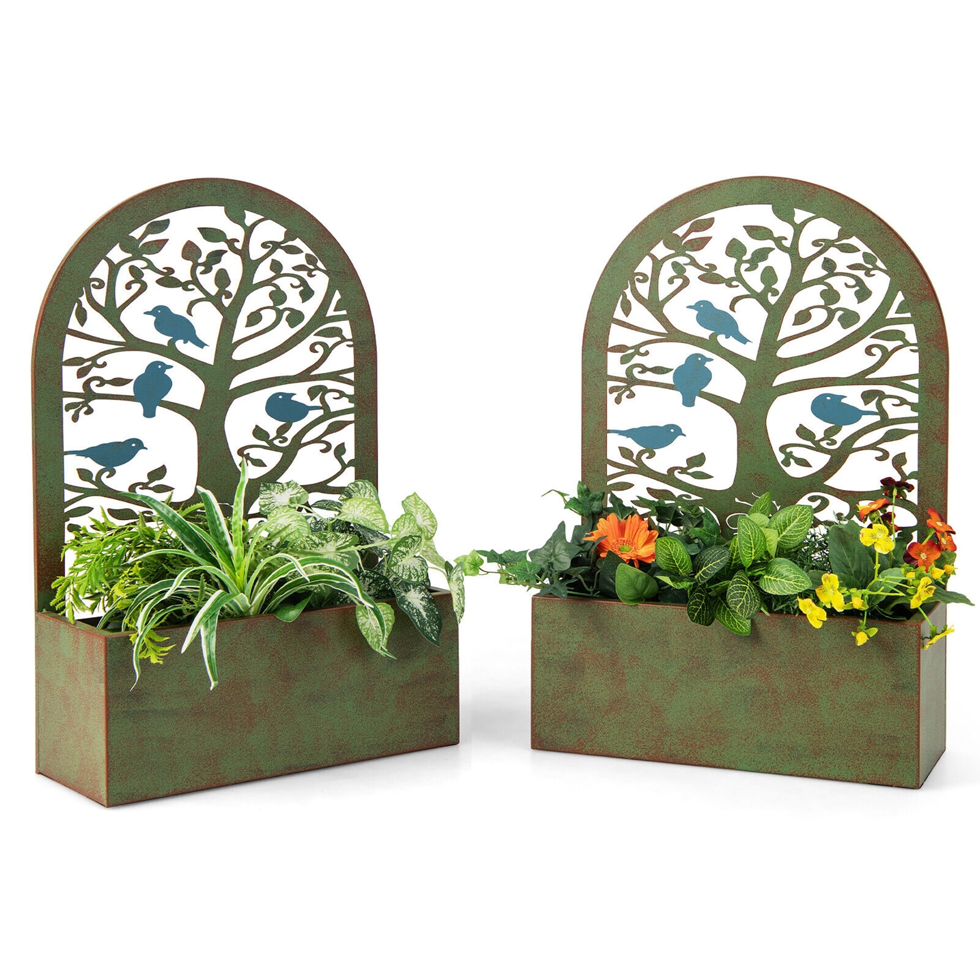 Gymax Set of 2 Decorative Raised Garden Bed Wall-mounted Metal Planter