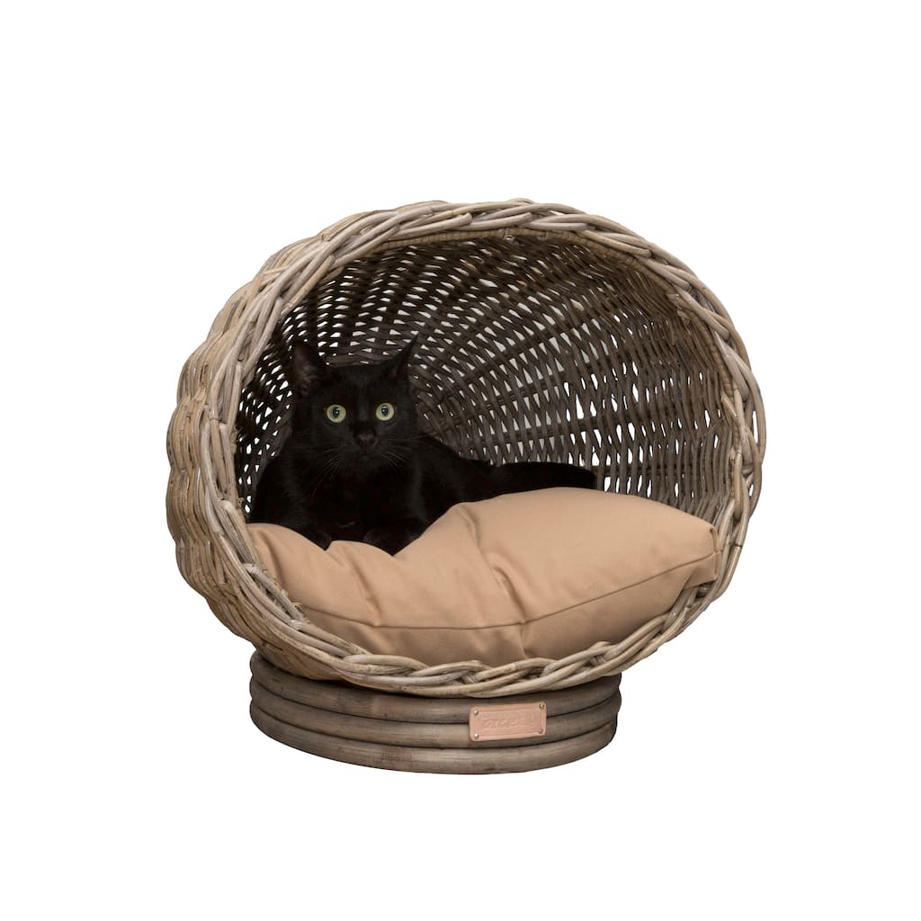 Socket Dome 19.5" x 17" Bohemian Handwoven Rattan Cat Bed with Machine-Washable Cushion, Kubu Gray
