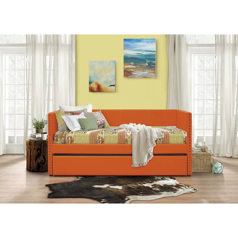 Orange Fabric Upholstered 1pc Day Bed with Pull-out Trundle Nailhead Trim Wood Frame Furniture - Orange