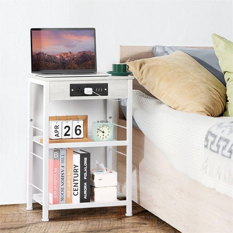 Nightstand with Charging Station - White+white