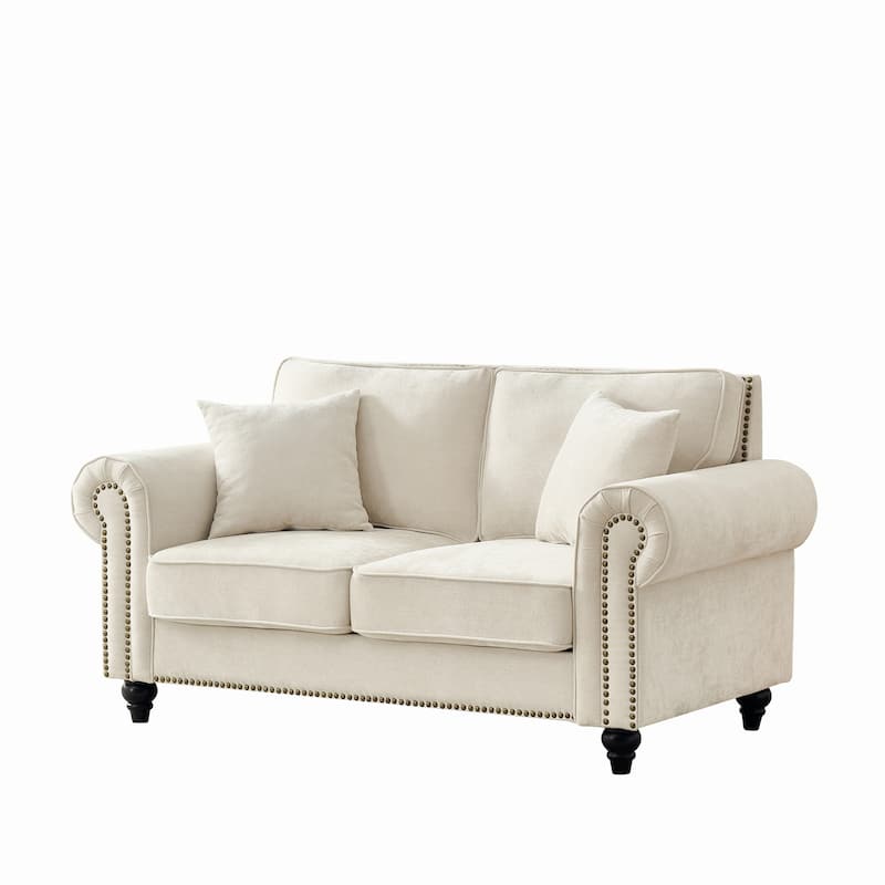 Loveseat with Rolled Armrest, Chenille Upholstered Fabric Sofa, 2-Seater Couch with Solid Wood Legs & Nailhead Trim