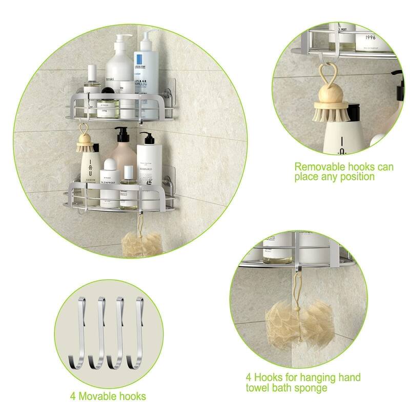2 Pack Adhesive Wall Mounted Shower Caddy with 4 Movable Hooks