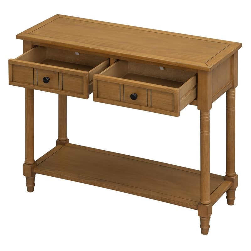 Narrow Console Table, Traditional Pine Wood Design with 2 Drawers and Bottom Shelf for Living Spaces