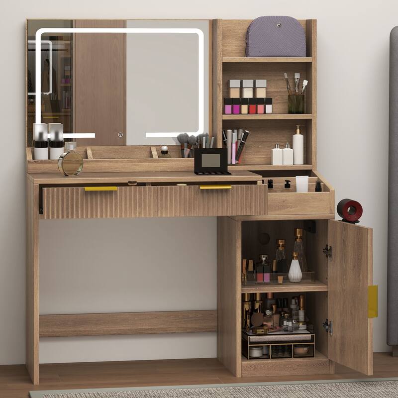 Moasis Makeup Vanity Desk with Power Outlet and 2 Drawers&3 Color Lighting Modes