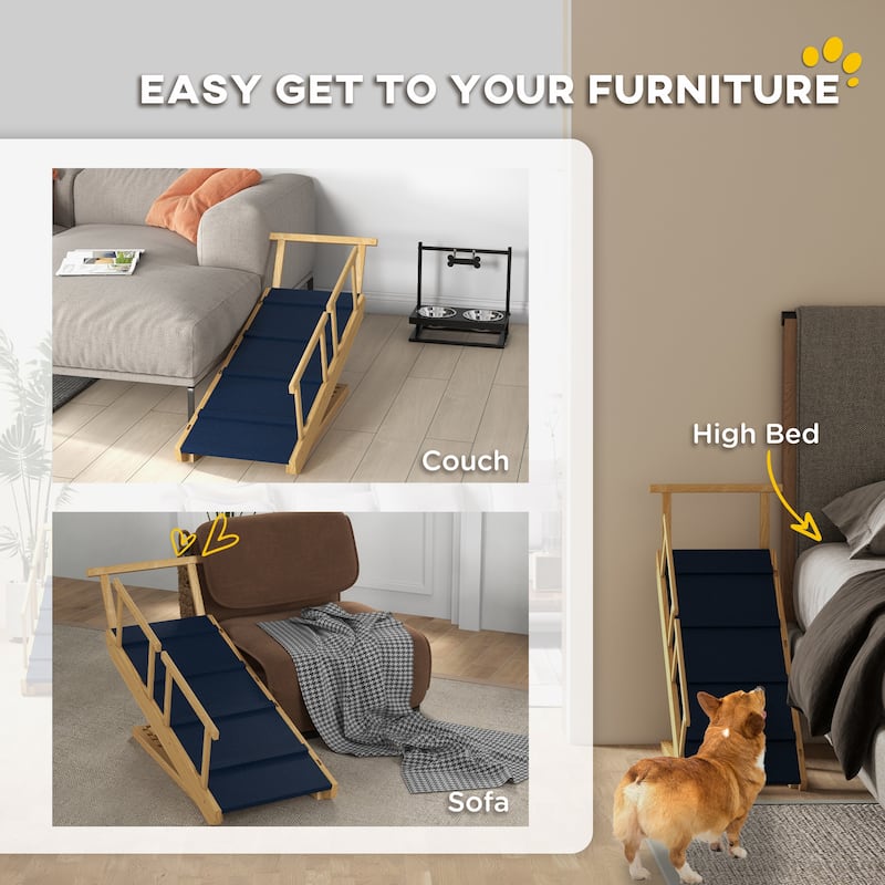 Anmytek Foldable Pet Dog Ramp Stairs Adjustable Height Non Slip for Beds Sofas Large Breeds - Natural Wood