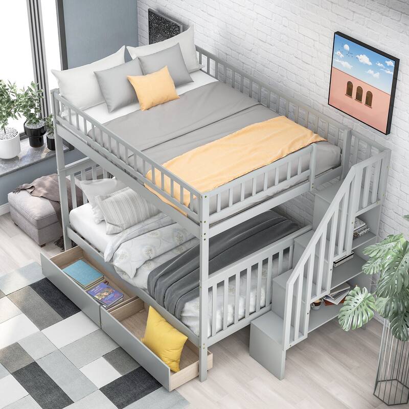 Full Over Full Wood Bunk Bed with Drawers and Storage Staircase