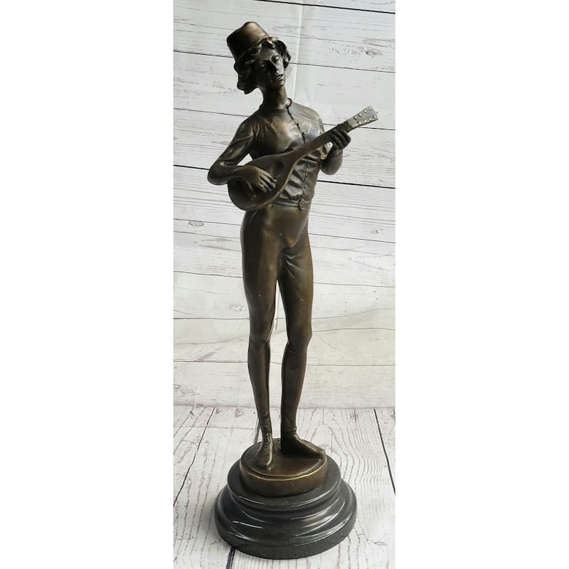 Mandolin Banjo Player Guitar Musician Bronze Sculpture Statue Figure Marble Base 17 Inches X 4.5 Inches