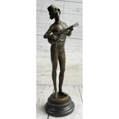 Mandolin Banjo Player Guitar Musician Bronze Sculpture Statue Figure Marble Base 17 Inches X 4.5 Inches