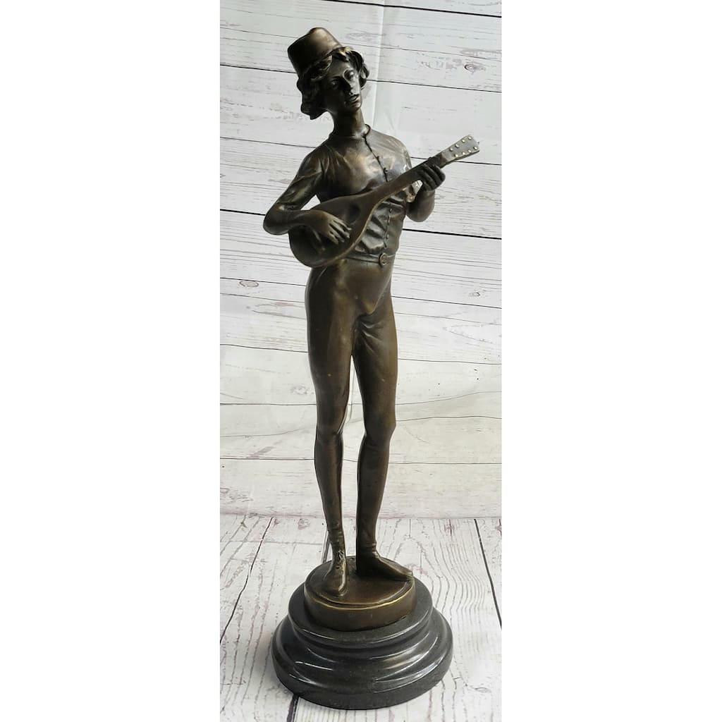 Mandolin Banjo Player Guitar Musician Bronze Sculpture Statue Figure Marble Base 17 Inches X 4.5 Inches