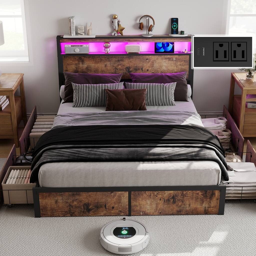 Full Size Bed Frame with Storage Headboard, RGB LED Light & USB Charging Station - Vintage Brown, Noise-Free