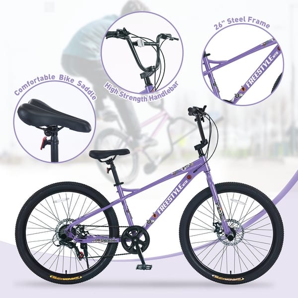 slide 2 of 27, Freestyle Kids Mountain Bike, Double Disc Brakes Children's Bicycle Purple - 12-15 Years