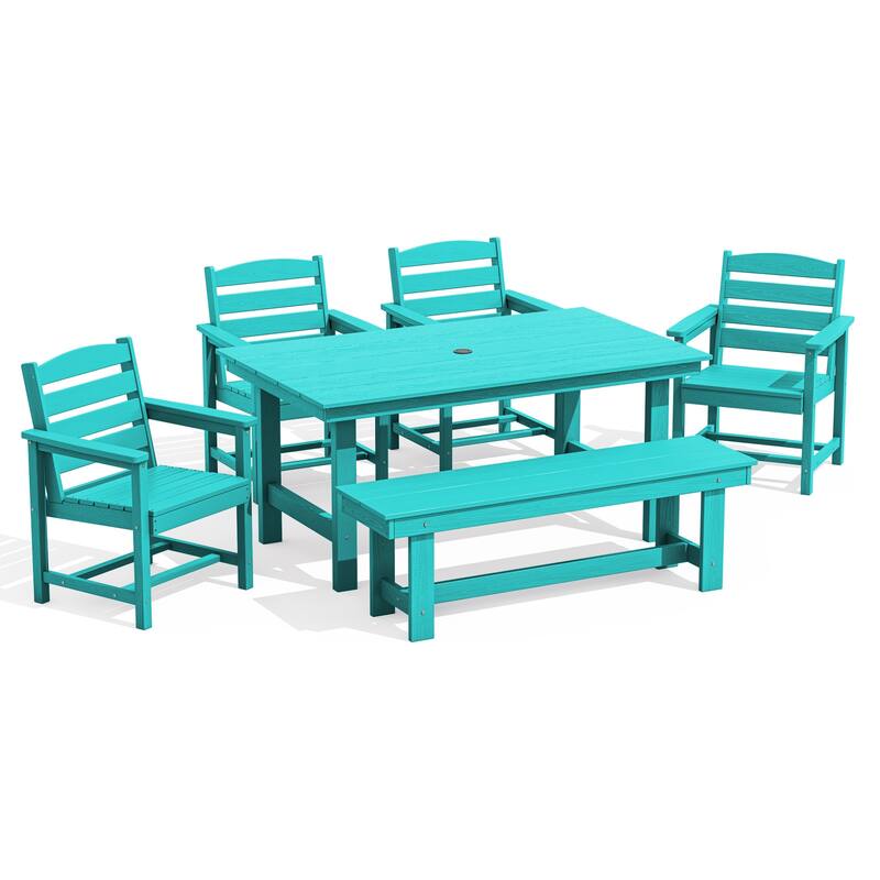 6-Piece HDPE Outdoor Dining Table Sets with Umbrella Hole - 1-Table 4-Chairs-1-Bench