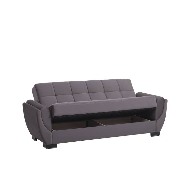 HomeRoots 93" Gray Microfiber Convertible Futon Sleeper Sofa And Toss Pillows With Storage