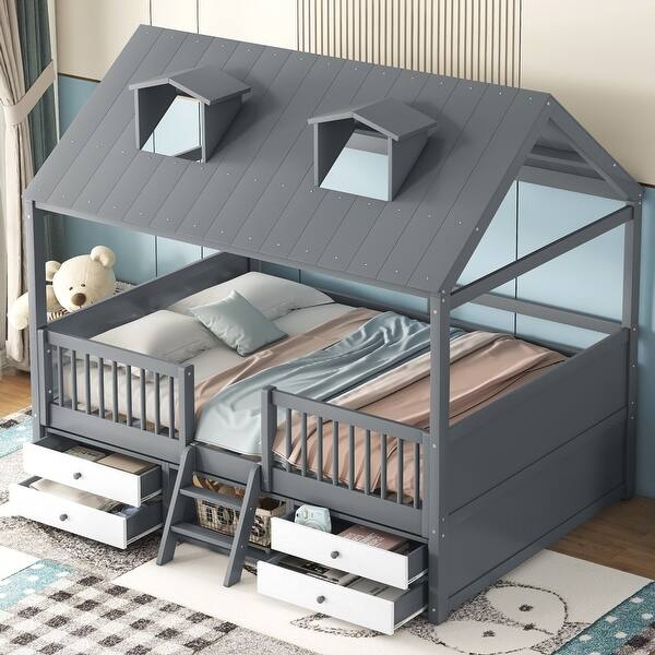 slide 2 of 48, House Bed Creativity Kids Platform Bed with 4 Storage Drawers and a Cute Ladder, House Bed with Roof Skylights and Guardrail Grey - Full