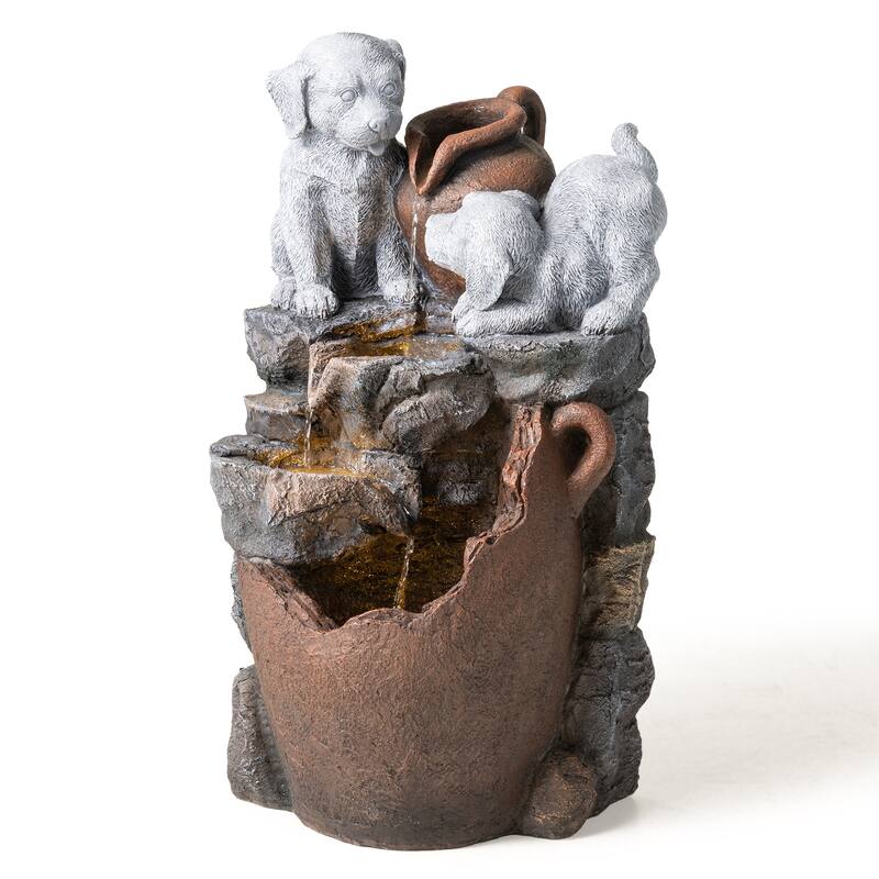 Glitzhome 4-Tiered Dogs or Elephant and Pot Polyresin Outdoor Fountain with Pump and LED Light