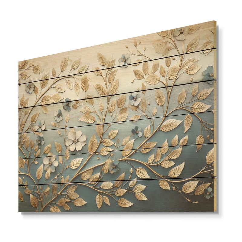Designart "Minimalism blue and gold botanical melody" Wreath Wood Wall Decor - Beige Wood Panel On Natural Pine Wood
