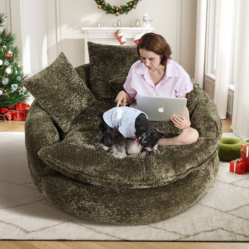 Rossetta Oversized Round Polyester Foam Chair with Pillows - Olive Green