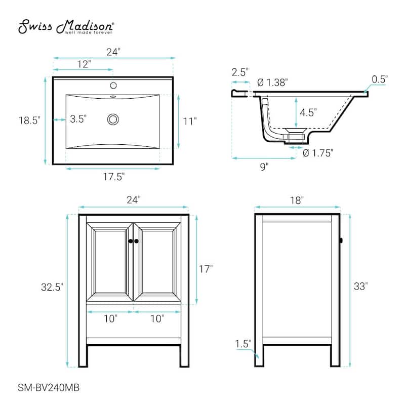 Swiss Madison SM-BV240MB Chateau 24" Free Standing Single Basin Vanity