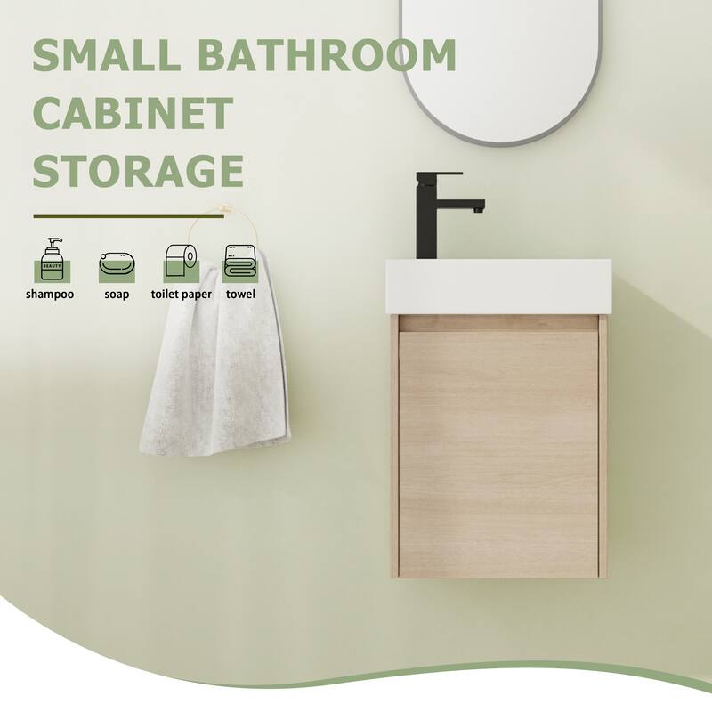 16"/18" Floating Bathroom Vanity with Sink, Mini Wall Mounted Bathroom Vanity with Soft Close Door