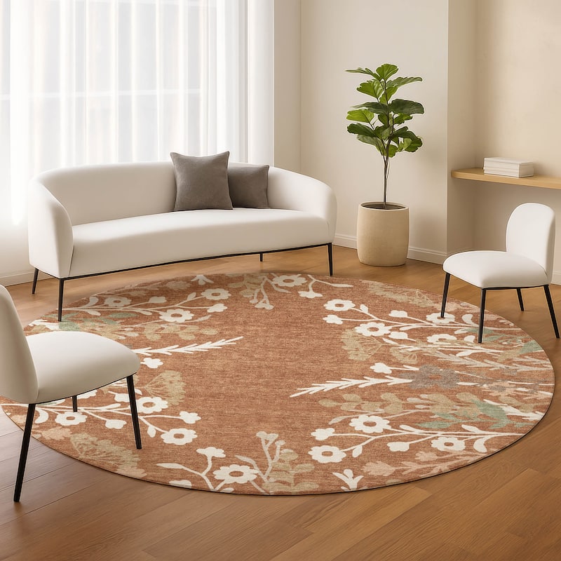 Machine Washable Indoor/ Outdoor Floral Border Chantille Rug