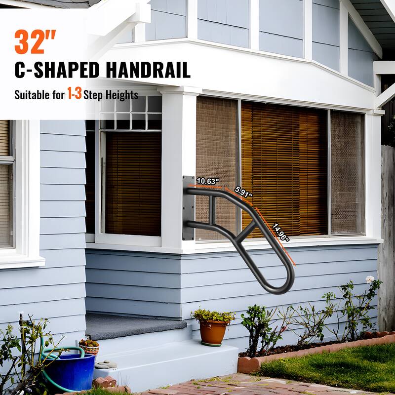 Handrails for Outdoor Steps, Wall Mount Safety Railings for 1-3 Steps, Stair Handrail with Matte Black Finished,for Garden,Yard