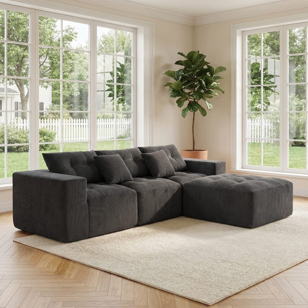 101.18" Corduroy Modular Sectional Sofa with Ottoman, No Assembly Required