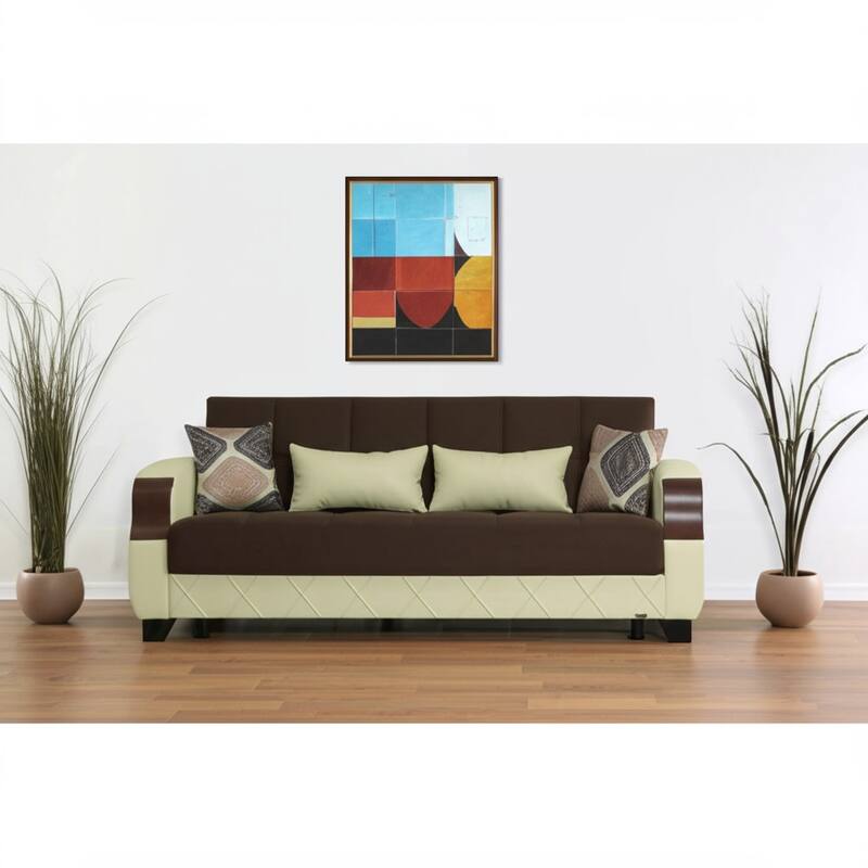 HomeRoots 89" Brown And Cream Microsuede And Faux Leather Convertible Futon Sleeper Sofa And Toss Pillows With Storage - Cream/Brown
