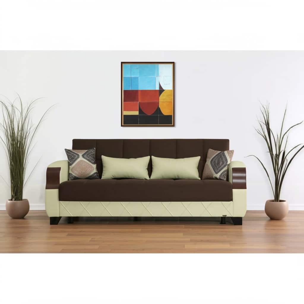 HomeRoots 89" Brown And Cream Microsuede And Faux Leather Convertible Futon Sleeper Sofa And Toss Pillows With Storage