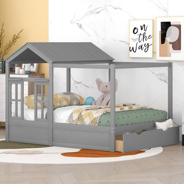 slide 2 of 9, Full Size House Bed with Roof, Window and Drawer Support with Wooden Boards Gray