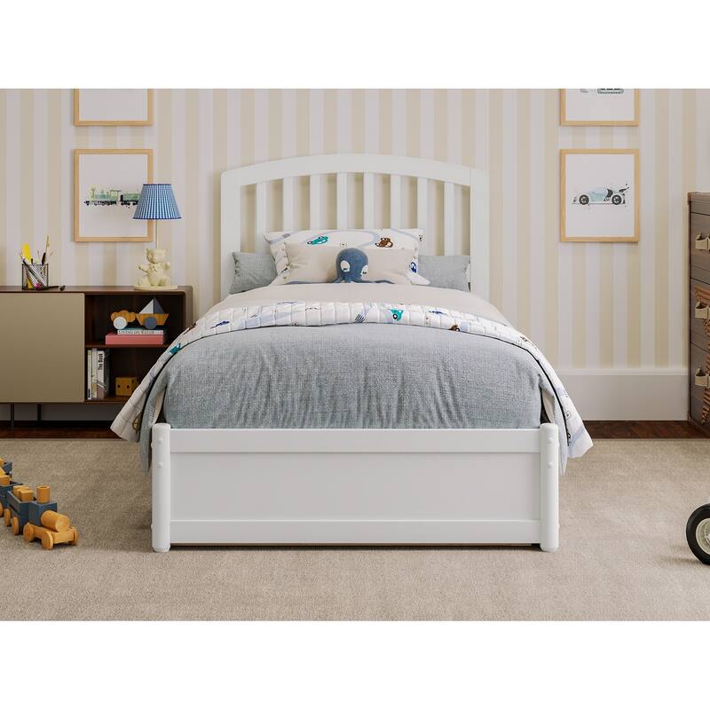Twin Platform Bed with Trundle - White Mission Style Bed Frame & USB Charger