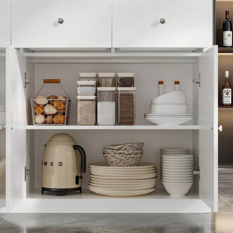 Modern Kitchen Island Buffet Cabinet with Storage Drawers and Tempered Glass Shelves, White Sideboard Cupboard
