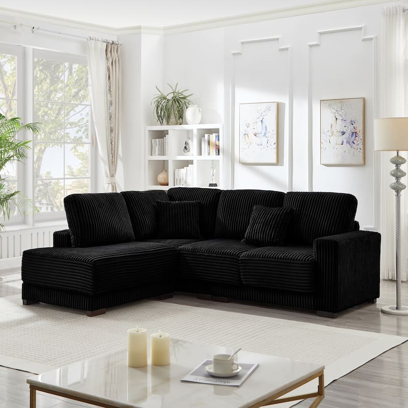 L Shaped Sectional Sofa with Reversible Chaise Lounge, Convertible Sectional 3 Seat Sofa, Corduroy Upholstered Corner Sofa - Black