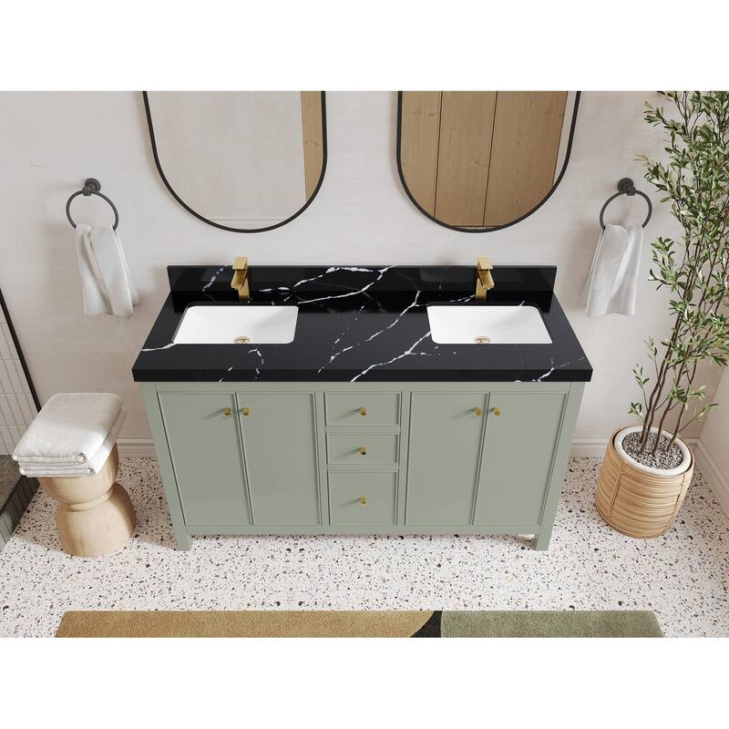 Willow Collections 60 in. W x 22 in. D Chicago Double Sink Bathroom Vanity with Countertop - 2”Calacatta Black - Evergreen