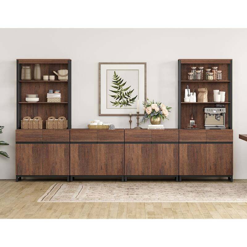 WAMPAT Modern TV Stand with 3 Tiers Bookshelf, Farmhouse Entertainment Center with 4 Large Storage Cabinets and Adjustable Shelf