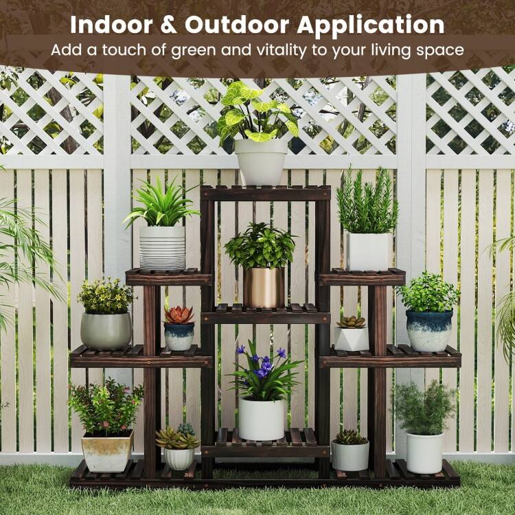 Brown Pine Wood 6-Tier Plant Stand with 9 Shelves for Indoor and Outdoor - 47" x 10" x 38"