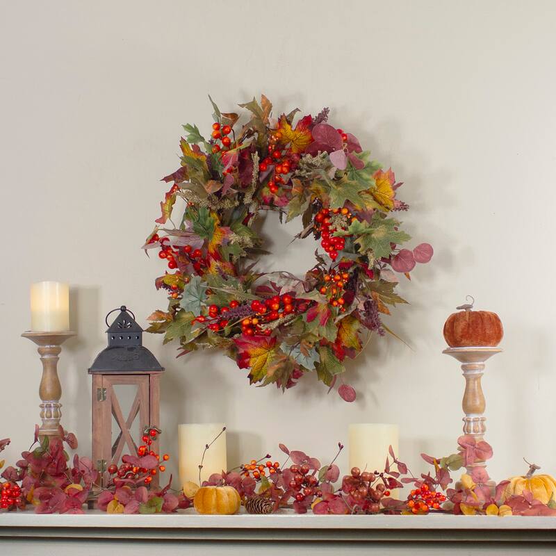 Leaves and Berries Artificial Fall Harvest Wreath - 20-Inch Unlit - 20"