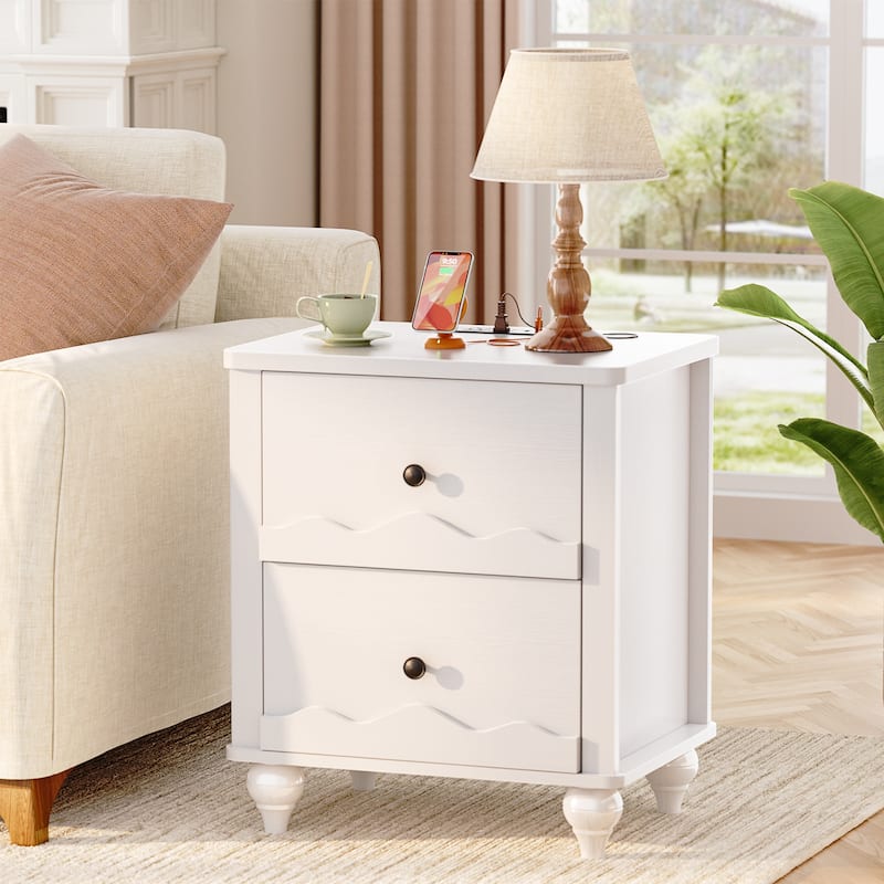 Modern Nightstand with Charging Station, Side End Table with 2 Drawers