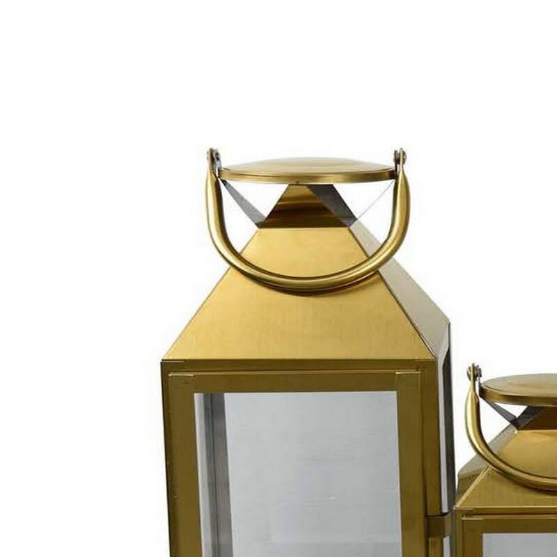 Davi Set of 3 Decorative Lanterns, Curved Handles, Glass Panel, Gold Metal