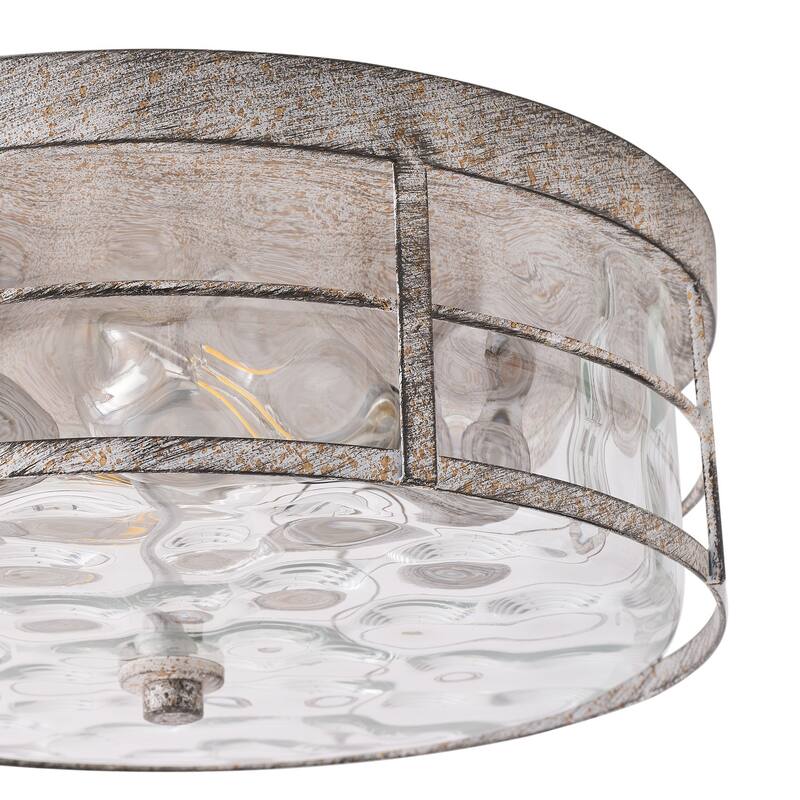 Industrial Grey Rust Flush Mount Ceiling Light with Water Ripple Glass Shade