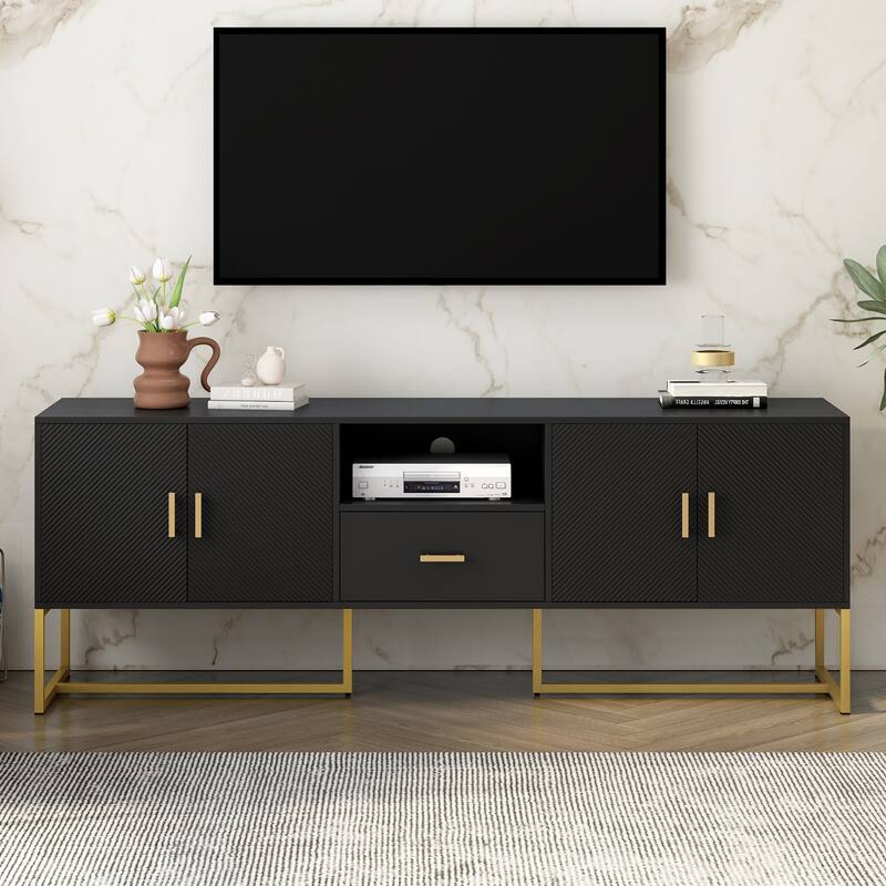 Roomfitters Modern TV Stand for up to 70 Inch TV, Media Cabinet with Drawer, Metal Legs and Safety Features, Black