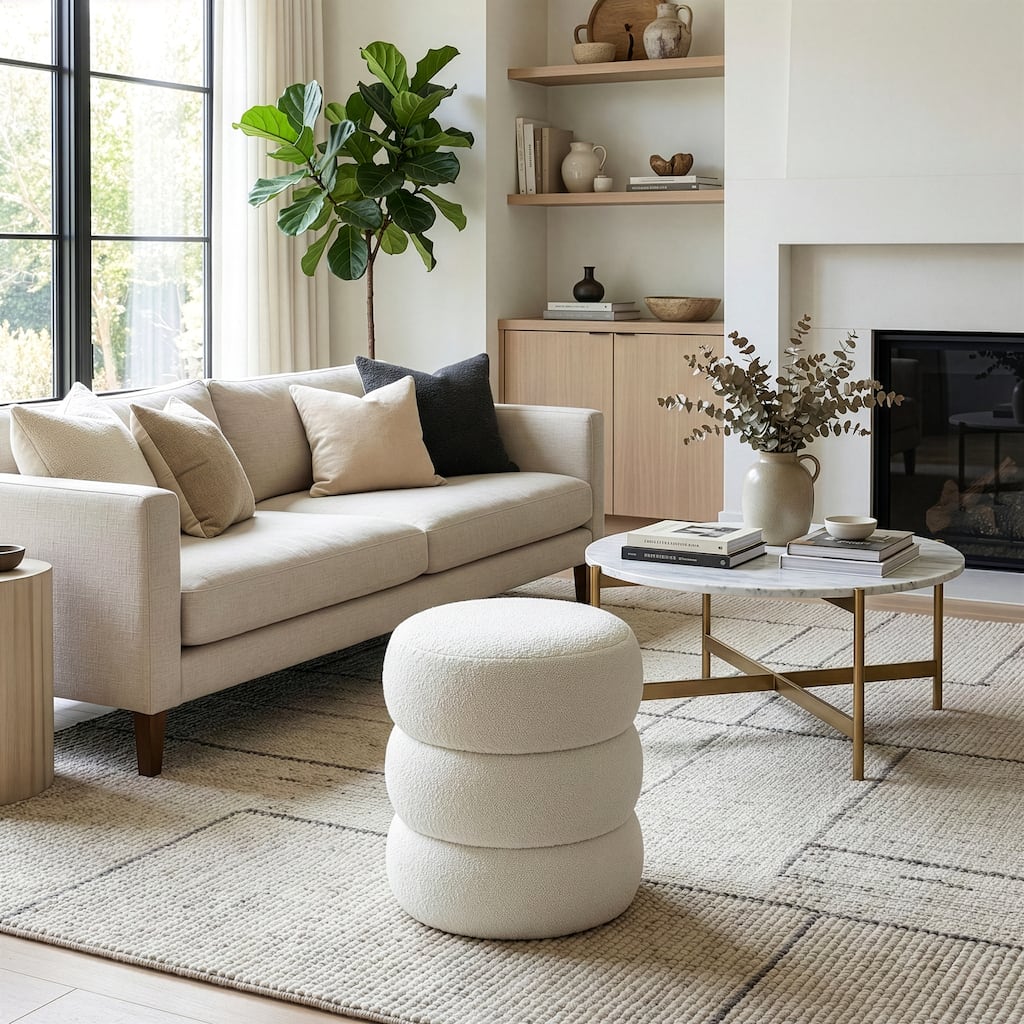 Azaria White Boucle Round Tufted Ottoman