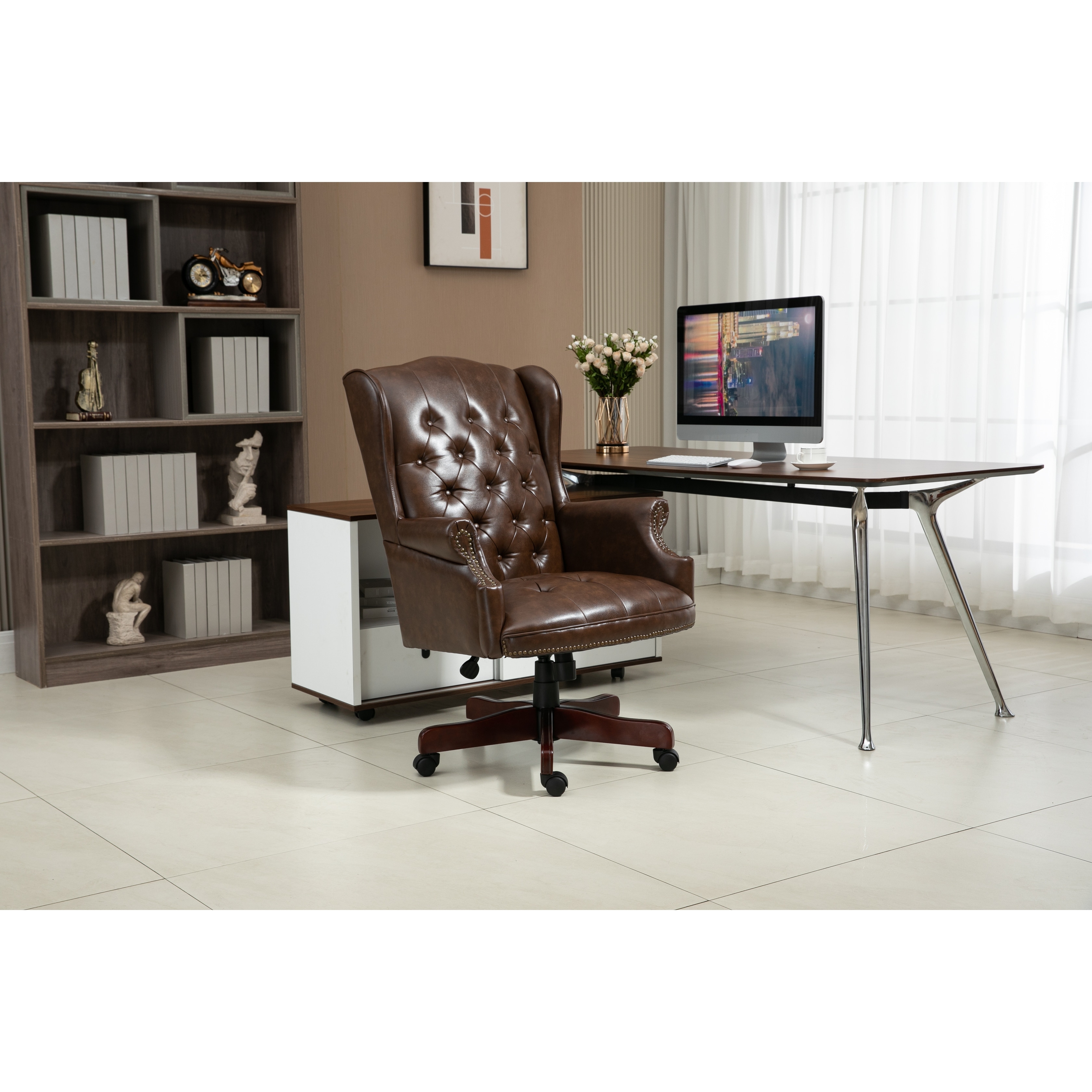 Brown Leather Office Chair, Rotatable, Height Adjustable, High Density Foam Seats and Plush Armrests, with Casters