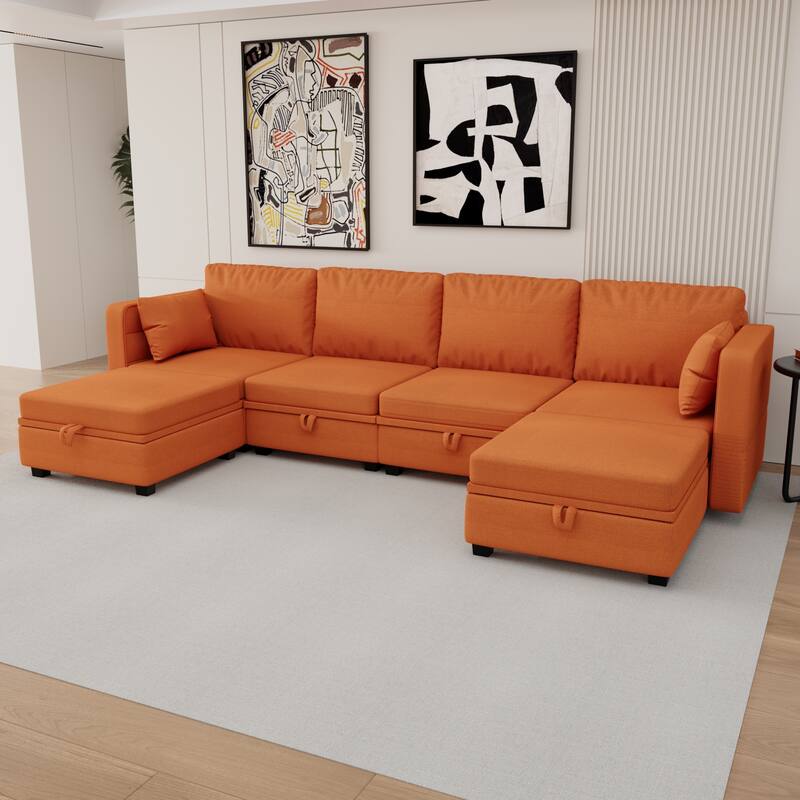 6-Seat U-Shaped Modular Reversible Sectional Sofa with Storage Ottoman