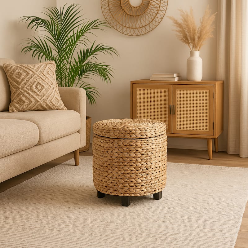 happimess Addie 17.72" Handwoven Water Hyacinth Storage Ottoman with Lid