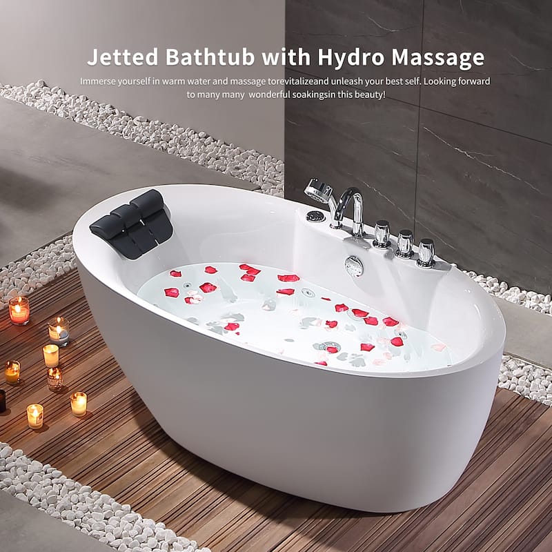 67 in. x 31.5 in. Center Drain Freestanding Whirlpool Bathtub Hydrotherapy Jetted Soaking Bath Tub - Tub filler in White